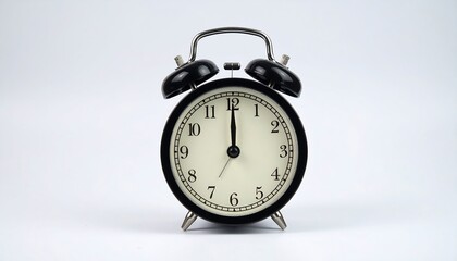A black analog alarm clock displays twelve o'clock against a plain white backdrop.