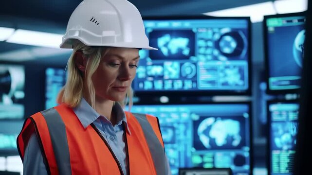 Female engineer in safety helmet and visibility vest monitoring digital control systems. Professional woman supervising industrial facility operations with multiple technical screens displaying data