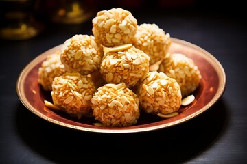 Traditional indian sweet balls made of puffed rice, jaggery, and almonds, served on a decorative plate