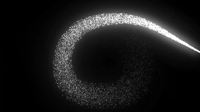 Abstract black and white particle trail with a magical and dynamic motion effect, creating a mesmerizing swirl against a dark background, perfect for adding a touch of futuristic elegance.