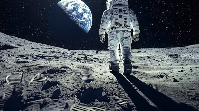 Astronaut walking on moon Earth visible in dark sky starry backdrop