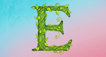 Lush Green Vine Monogram E on a Dreamy Blue and Pink Watercolor Wash