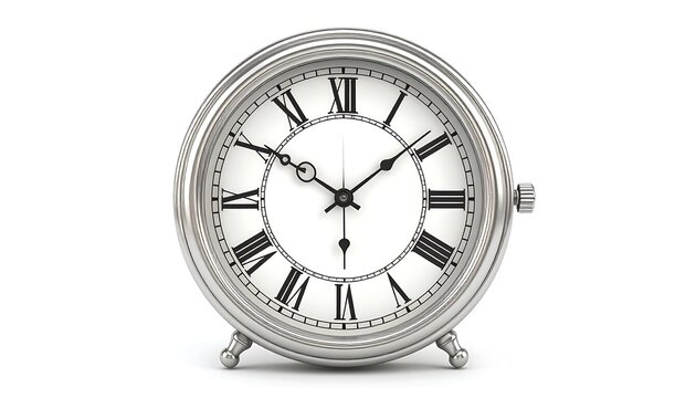 Silver analog clock with Roman numerals, showing the time