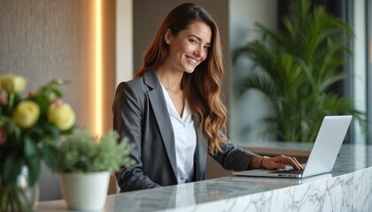 Hotel receptionist greets guests with a warm smile while working on a laptop. Pro service experience at the front desk. Hospitality, welcoming atmosphere, and guest satisfaction.