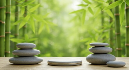 Obraz premium Serene Spa Scene: Empty Podium and Zen Stones on Wood with Lush Bamboo Backdrop