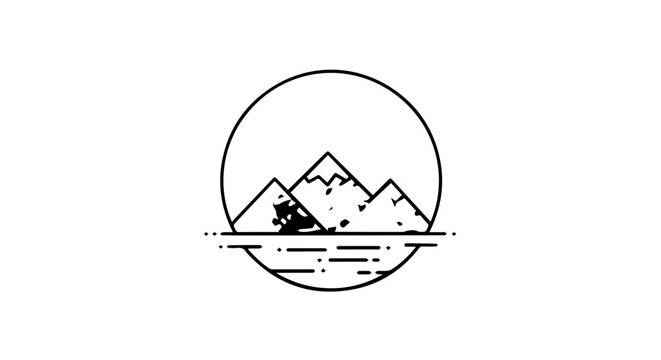 Minimalist black line art icon of a mountain range and lake reflection enclosed in a circular frame.