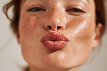 Fototapeta premium Hyper-realistic close-up of woman’s lips with freckles and golden skin tone. Emotional beauty shot perfect for natural cosmetics and skincare ads.