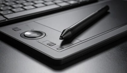 Graphic Tablet with Pen on Dark Background Design with Technology.