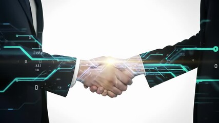 Business handshake with digital network overlay symbolizing partnership, collaboration, and technological innovation in corporate environment. Professional agreement concept with futuristic cyber - Powered by Adobe