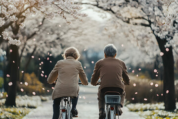 Senior Couple Cycling Under Cherry Blossoms: Spring Romance and Active Retirement