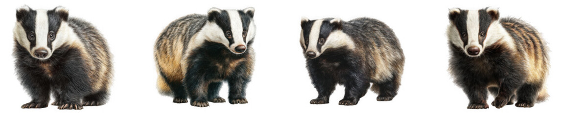 Fototapeta premium Four european badgers with distinctive black and white striped faces, isolated on a transparent background