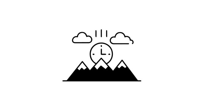Minimalist black line icon of a clock rising over a snowcapped mountain range.