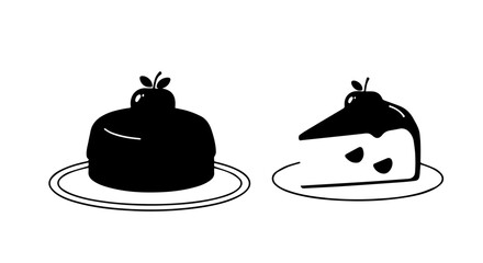 Obraz premium Minimalist black silhouette icons of a whole glazed cake and a slice with fruit topping on plates.