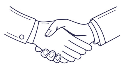 Illustration of two hands clasped in a handshake with sleeves and cuffs visible in outline style