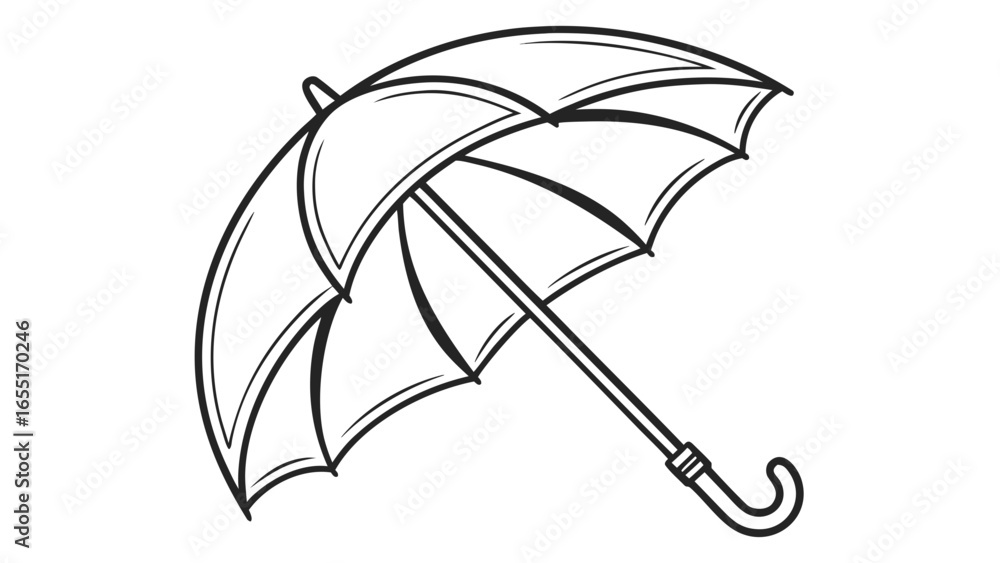 Poster a simple line drawing of an open umbrella with a curved handle and a white background for weather pr
