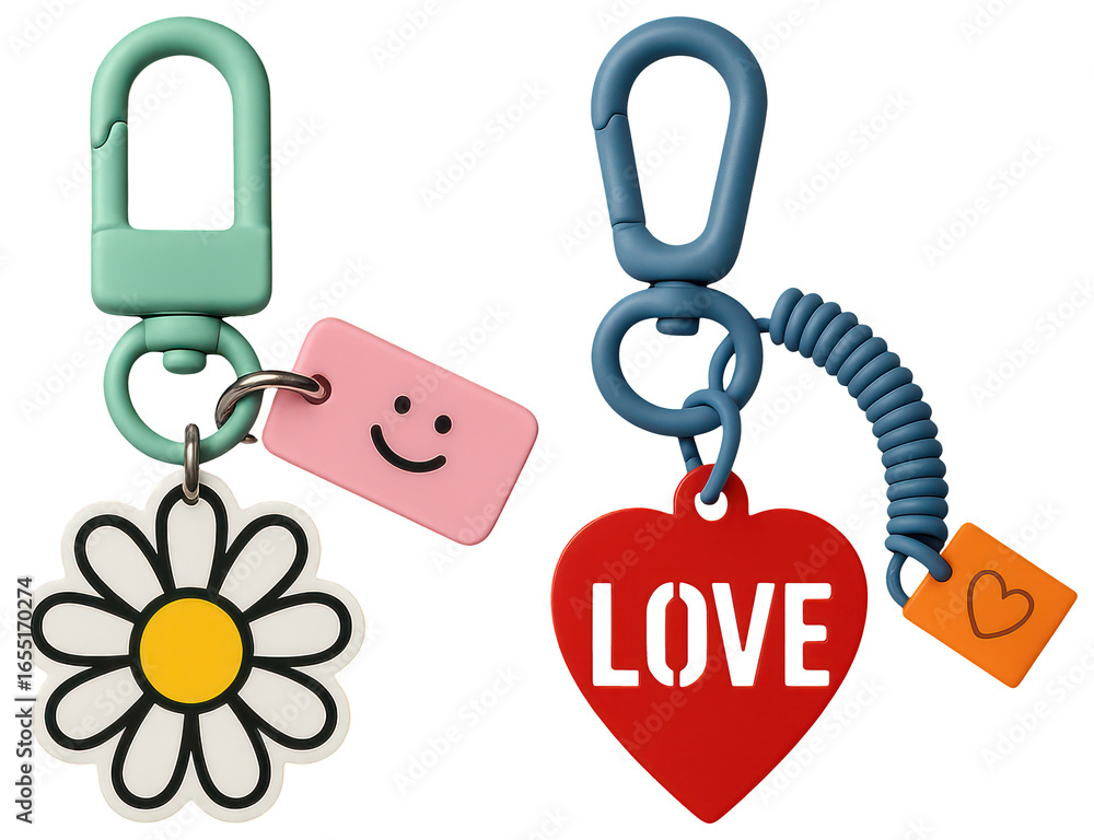 Poster png colorful keychains with playful designs, element set on transparent background