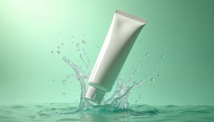 Blank white cosmetic tube mockup splashes into water. Clean product packaging template for skincare, beauty creams, lotions. Features cinematic water splashes, light green background. Ideal for