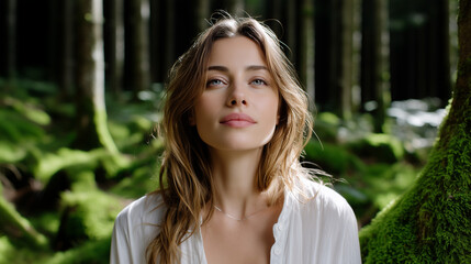 Naklejka premium Peaceful young woman in white shirt standing in lush green mossy forest surrounded by tall trees, natural light, and tranquil atmosphere, embodying calm, mindfulness, and nature