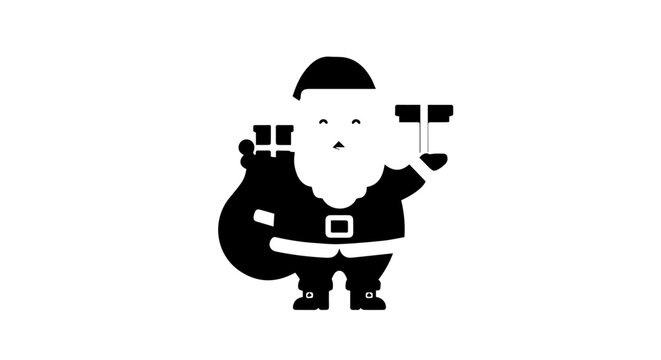 Minimalist black silhouette of a cheerful Santa Claus holding a gift and carrying a sack.