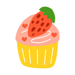 Cute hand drawn flat strawberry cupcake isolated on white background. Strawberry dessert.