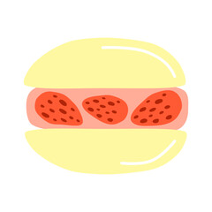 Cute hand drawn flat strawberry macaroon with berries isolated on white background. Strawberry dessert.