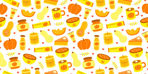 Seamless pattern with cute hand drawn flat pumpkin seasonal autumn food and icons. Background with pumpkin soup, protein bar, hand cream, candle, jam, latte, juice, pie, butternut.
