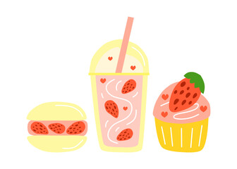 Cute hand drawn flat strawberry macaroon, milkshake and cupcake isolated on white background. Strawberry desserts.