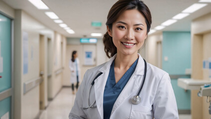 A smiling Asian doctor in a hospital corridor, ready to provide medical care and expertise.