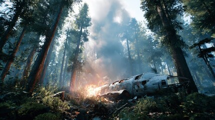 Abandoned plane in lush forest