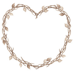 Botanical heart shaped frame, wreath hand drawn by watercolor. Illustration for branding, logo, cards, invitations, banners. Isolated on a white. Autumn branches and dried leaves frame