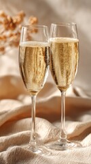 Two champagne glasses sparkle in sunlight on a beige backdrop, bubbles rise in celebration of quiet elegance.