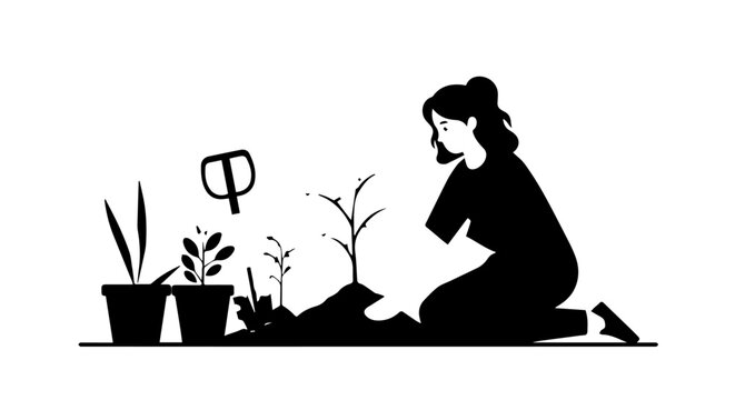 Minimalist black silhouette of a woman kneeling while planting a small sapling in a garden.