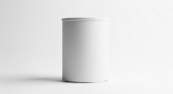 Blank White Cylindrical Tin Can on White Background for Product Packaging Mockup. Versatile Design Element for Coffee, Tea, Food, Cosmetic, or Powder Branding. - Powered by Adobe