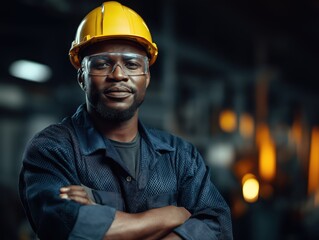 Confident African American engineer with crossed arms wearing safety glasses and hard hat in industrial setting, ready for work
