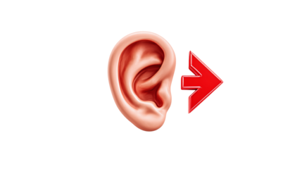 Hearing loss icon with ear and sound reduction arrow - isolated on transparent background 