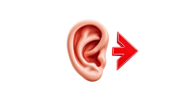 Hearing loss icon with ear and sound reduction arrow - isolated on transparent background 