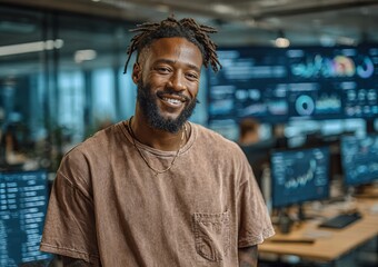 It specialist smiling in control room with multiple computer screens showing charts and graphs
