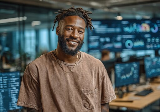 It specialist smiling in control room with multiple computer screens showing charts and graphs