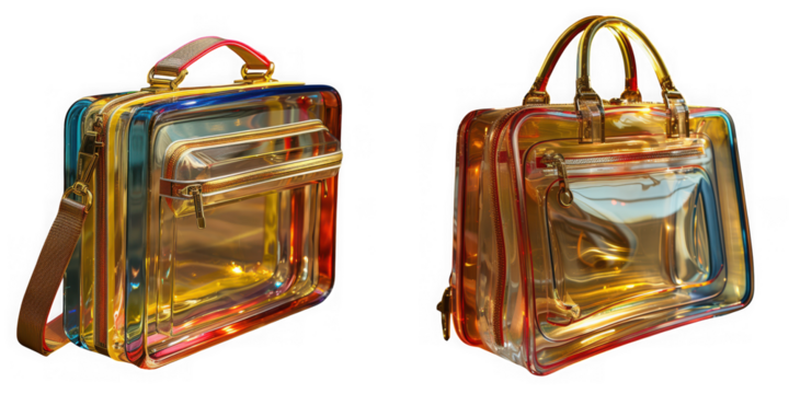 Two stylish transparent plastic fashion handbags with gold hardware and zippers, isolated on transparent background