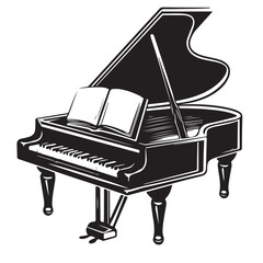 Black grand piano sketch art on white background.