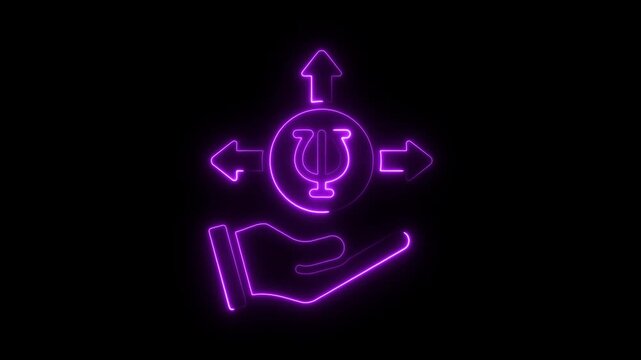 Neon Purple Psychology Symbol Psi Hand Arrows Directional Choices Mental Health Concept Glow Effect
