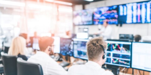 Obraz premium Busy stock trading office with analysts monitoring multiple screens of market data