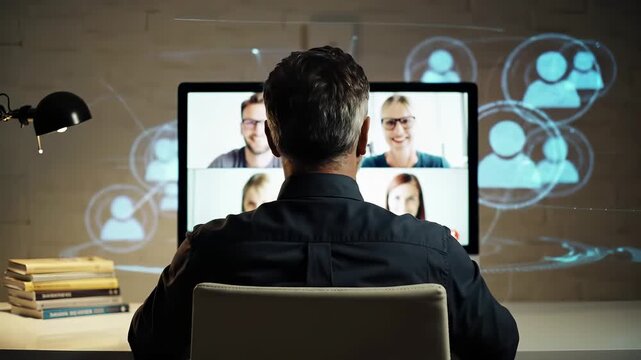 Professional remote videoconference meeting with digital networking icons. Business team collaboration through virtual communication technology. Modern workplace connectivity with holographic - Powered by Adobe