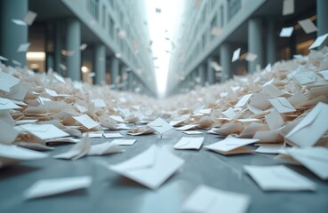 Overwhelmed by mail stream information overload, bureaucracy. Deluge of envelopes, paper representational of communication chaos, business mail, urgent need for workflow management, organization.