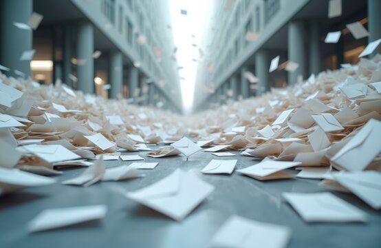Overwhelmed by mail stream information overload, bureaucracy. Deluge of envelopes, paper representational of communication chaos, business mail, urgent need for workflow management, organization. - Powered by Adobe