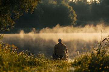 Silhouette of a Person Contemplating Misty Sunrise Over a Calm Lake