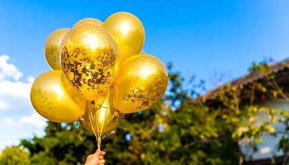 A cluster of gold metallic balloons, held aloft against a vibrant blue sky, filled with puffy clouds, and a blurred background of lush greenery and a building.