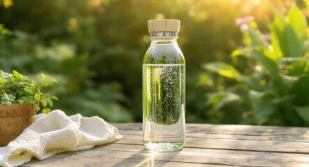 Obraz premium Eco-Friendly Glass Water Bottle on Wooden Outdoor Table with Green Background