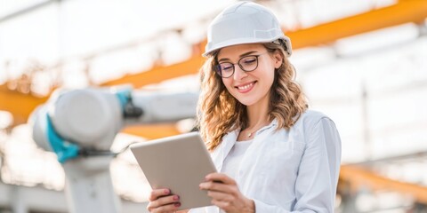 Engineer with tablet in the industry: A skilled engineer, radiating a calm demeanor, meticulously examines data on a tablet, standing confidently within an industrial setting.