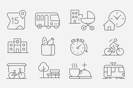 Linear icon set about the 15-minute city: public transport, hospital, grocery, park, school, housing, clock, food, cycling, and mobility. Minimalist, ideal for urban design, sustainable city concepts.